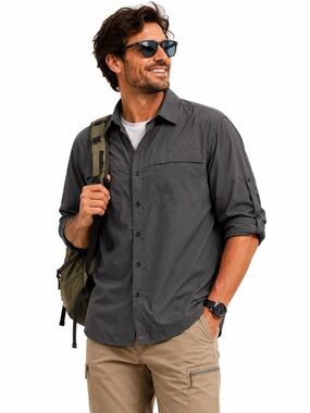 Wrangler Utility Shirt Gray Roll Tab Outdoor Hiking Fishing Travel Medium